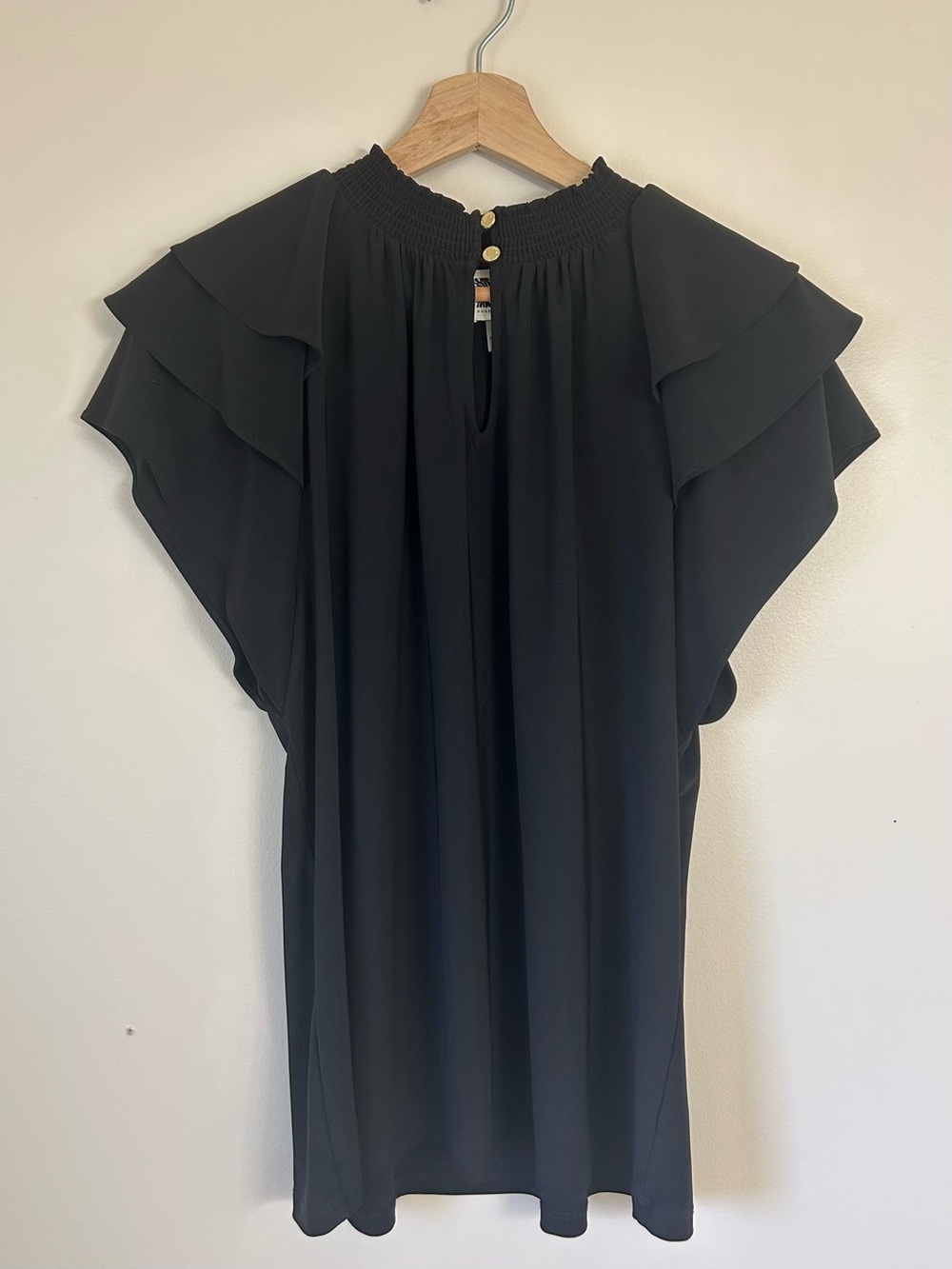 Anne Klein Black Tiered Ruffle Sleeve Smocked Mock Neck Tunic Blouse Top | Large